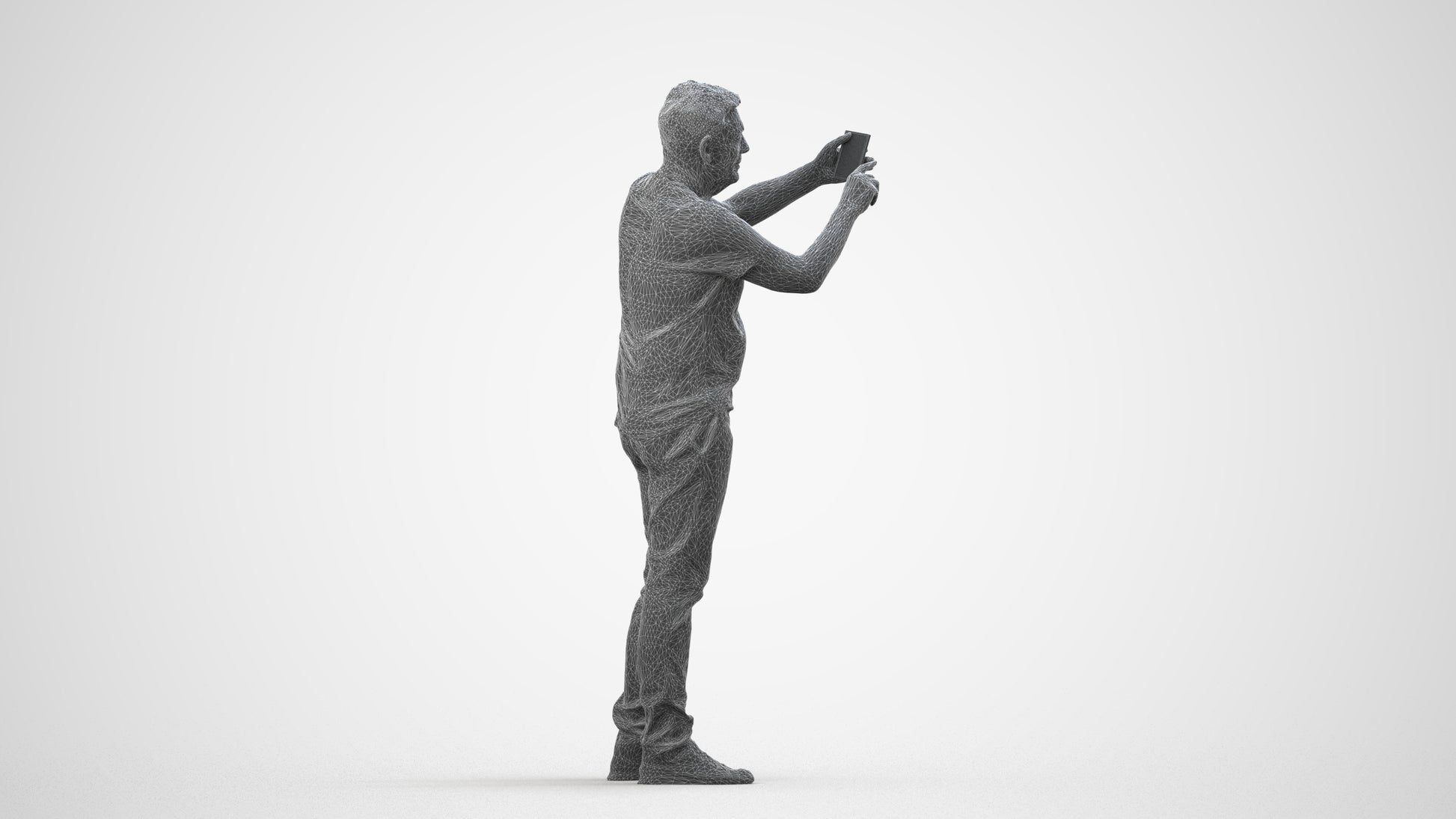 3D human model senior man casual standing, photogrammetry scanned person for archviz, wireframe side view