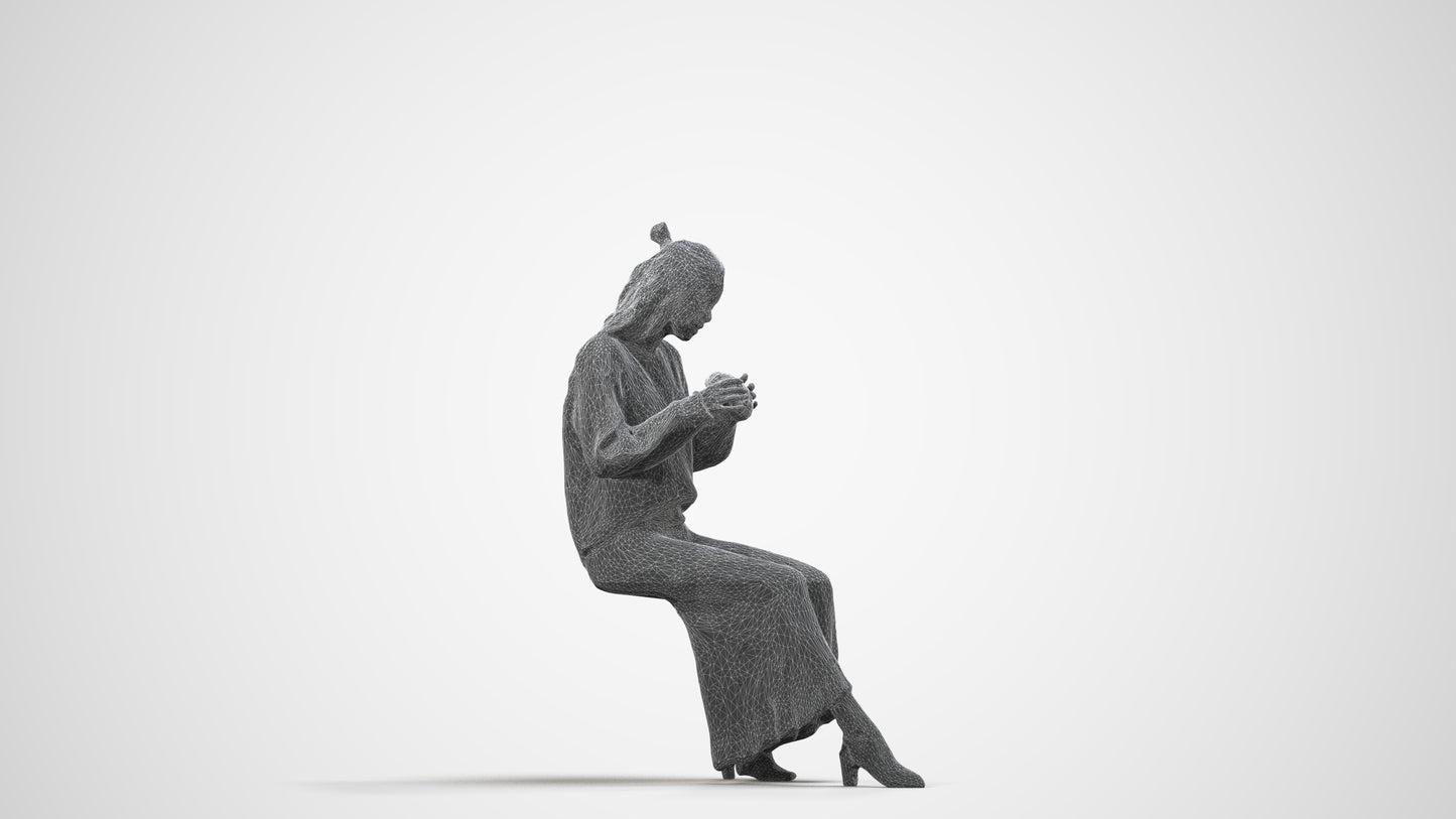 3D human model woman casual sitting, photogrammetry scanned person for archviz, wireframe side view
