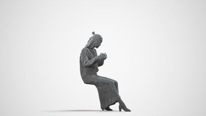3D human model woman casual sitting, photogrammetry scanned person for archviz, wireframe side view