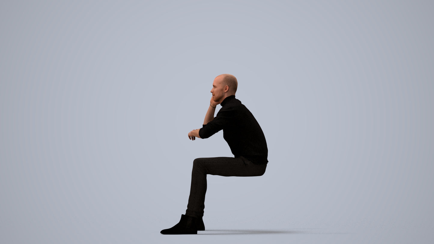 3D human model man casual business, photogrammetry scanned person for archviz, three-quarter view render