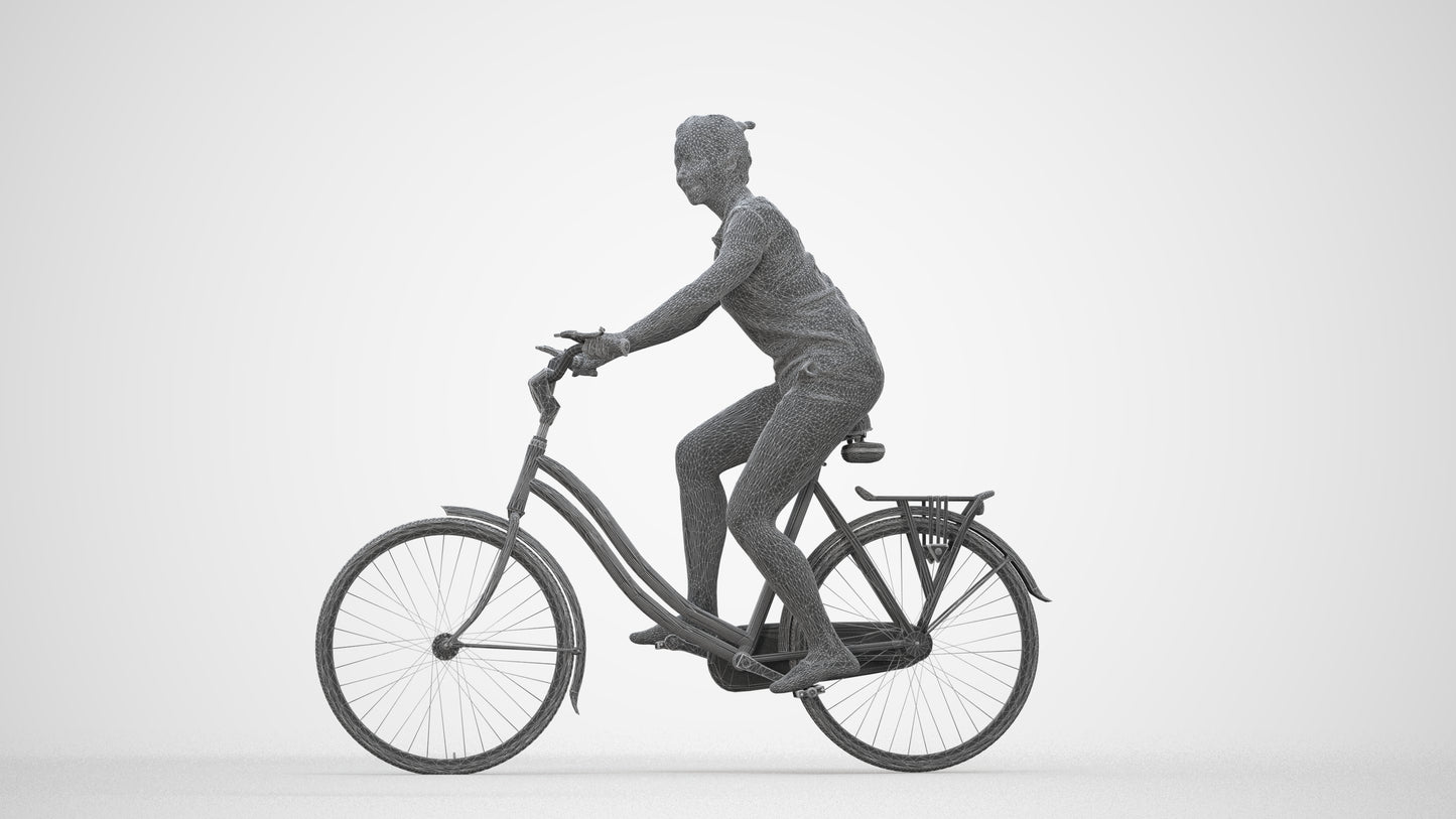 3D people model woman casual cycling, scanned human for 3ds Max rendering, wireframe back view