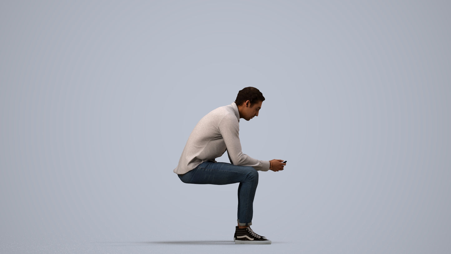 realistic 3D people man casual sitting, render-ready for V-Ray and Corona, FBX OBJ, side view render