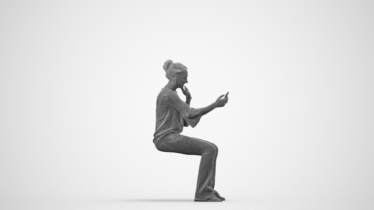 realistic 3D woman casual sitting, scanned archviz people for Blender and 3ds Max, wireframe side view