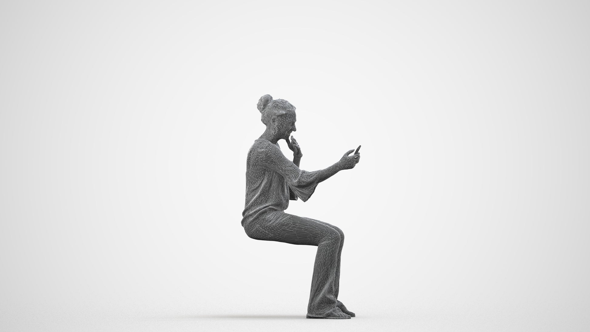 realistic 3D woman casual sitting, scanned archviz people for Blender and 3ds Max, wireframe side view