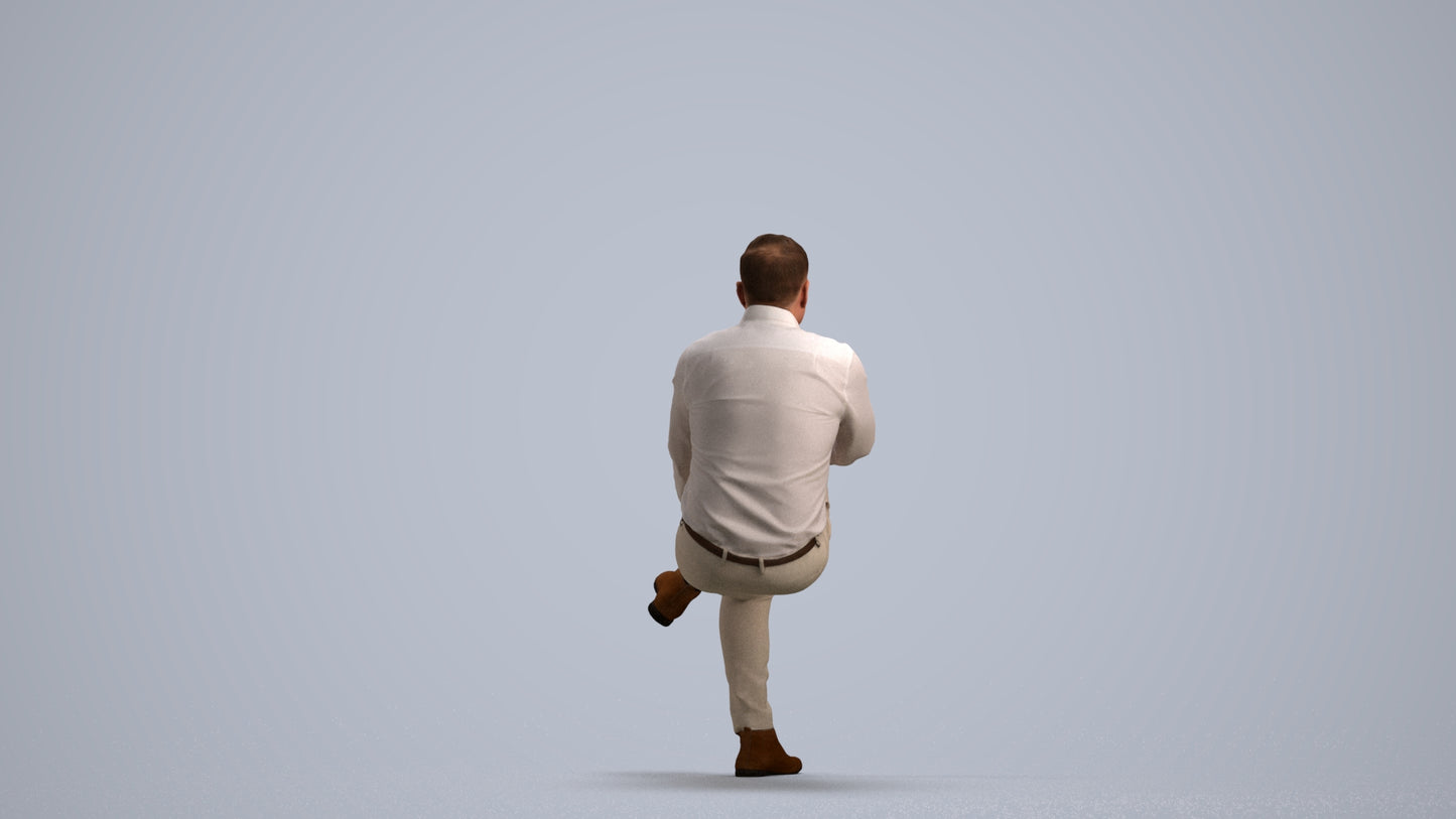 3D human model man casual sitting, photogrammetry scanned person for archviz, front view render