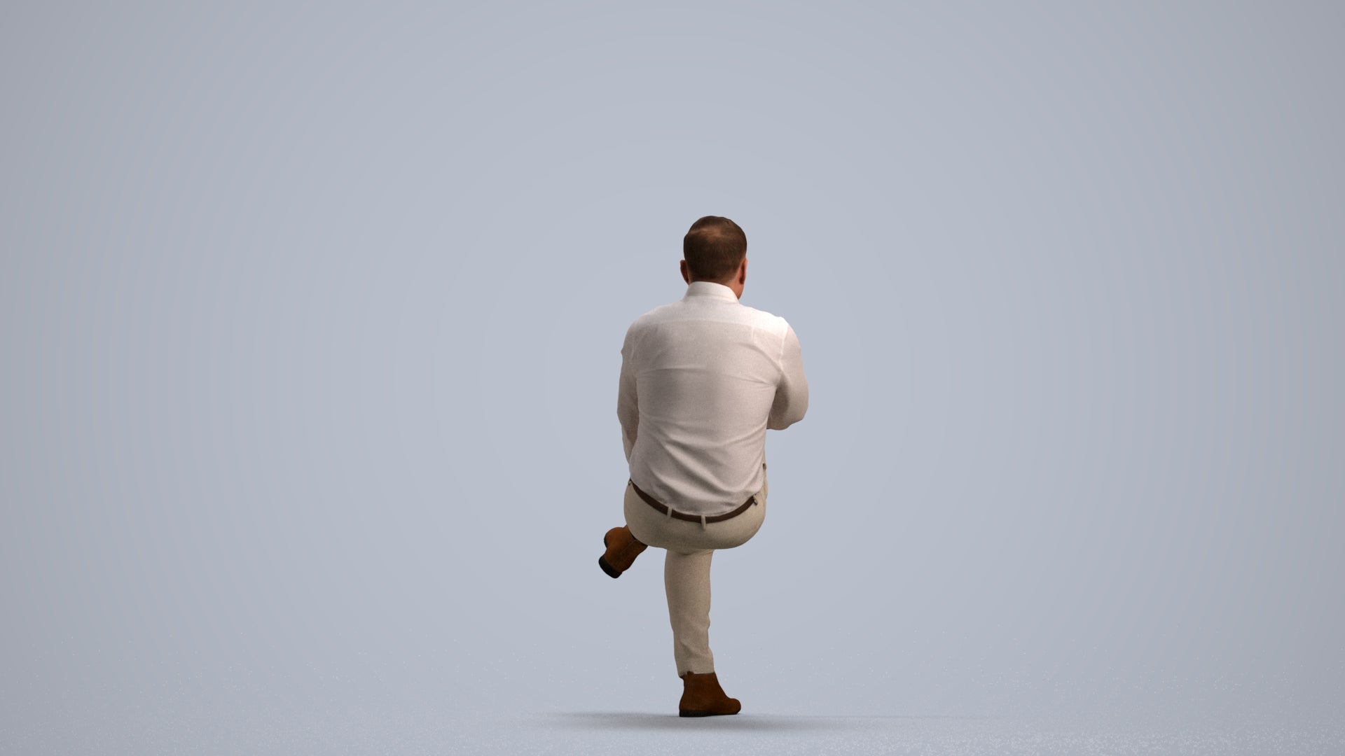 3D human model man casual sitting, photogrammetry scanned person for archviz, front view render