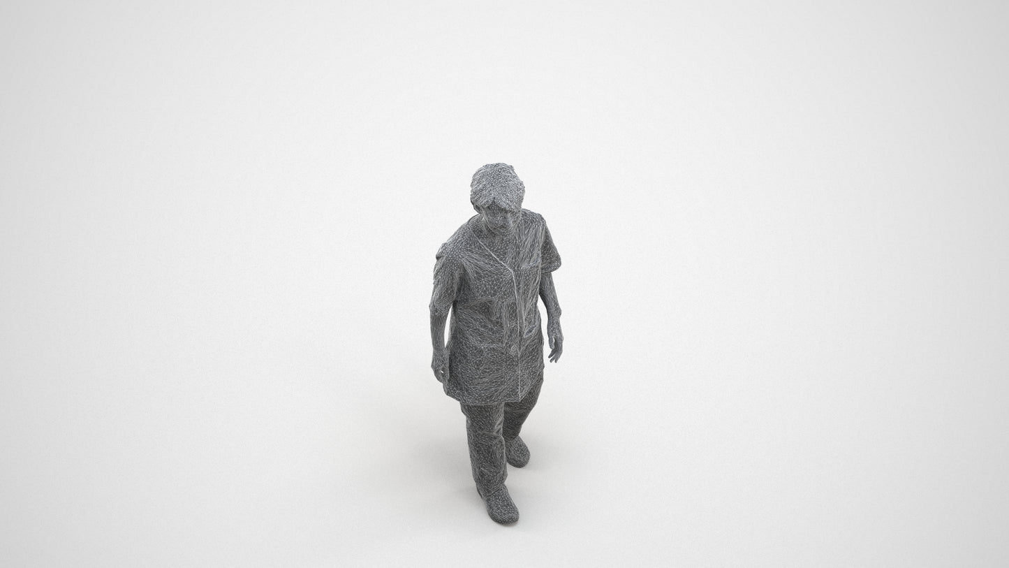photogrammetry 3D woman standing, realistic human model archviz FBX, wireframe three-quarter view