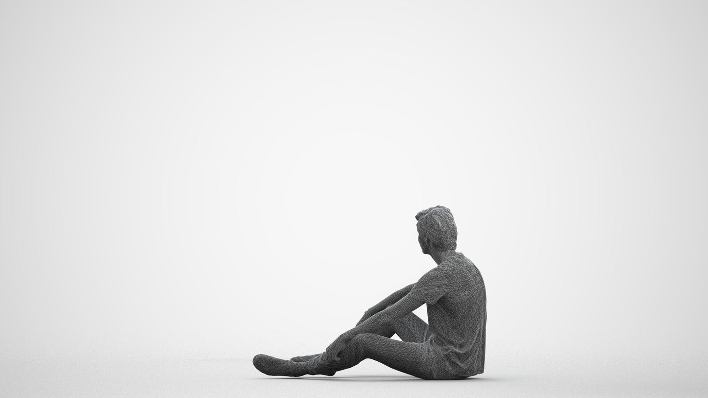 3D scanned man sitting casual, photorealistic archviz people for Enscape and SketchUp, wireframe front view