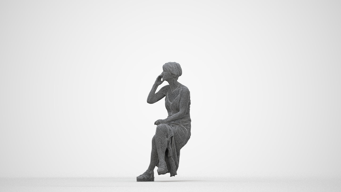3D scanned senior woman sitting, photorealistic archviz people for Enscape and SketchUp, wireframe back view