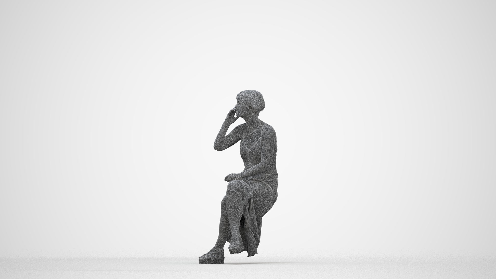 3D scanned senior woman sitting, photorealistic archviz people for Enscape and SketchUp, wireframe back view