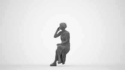 3D scanned senior woman sitting, photorealistic archviz people for Enscape and SketchUp, wireframe back view