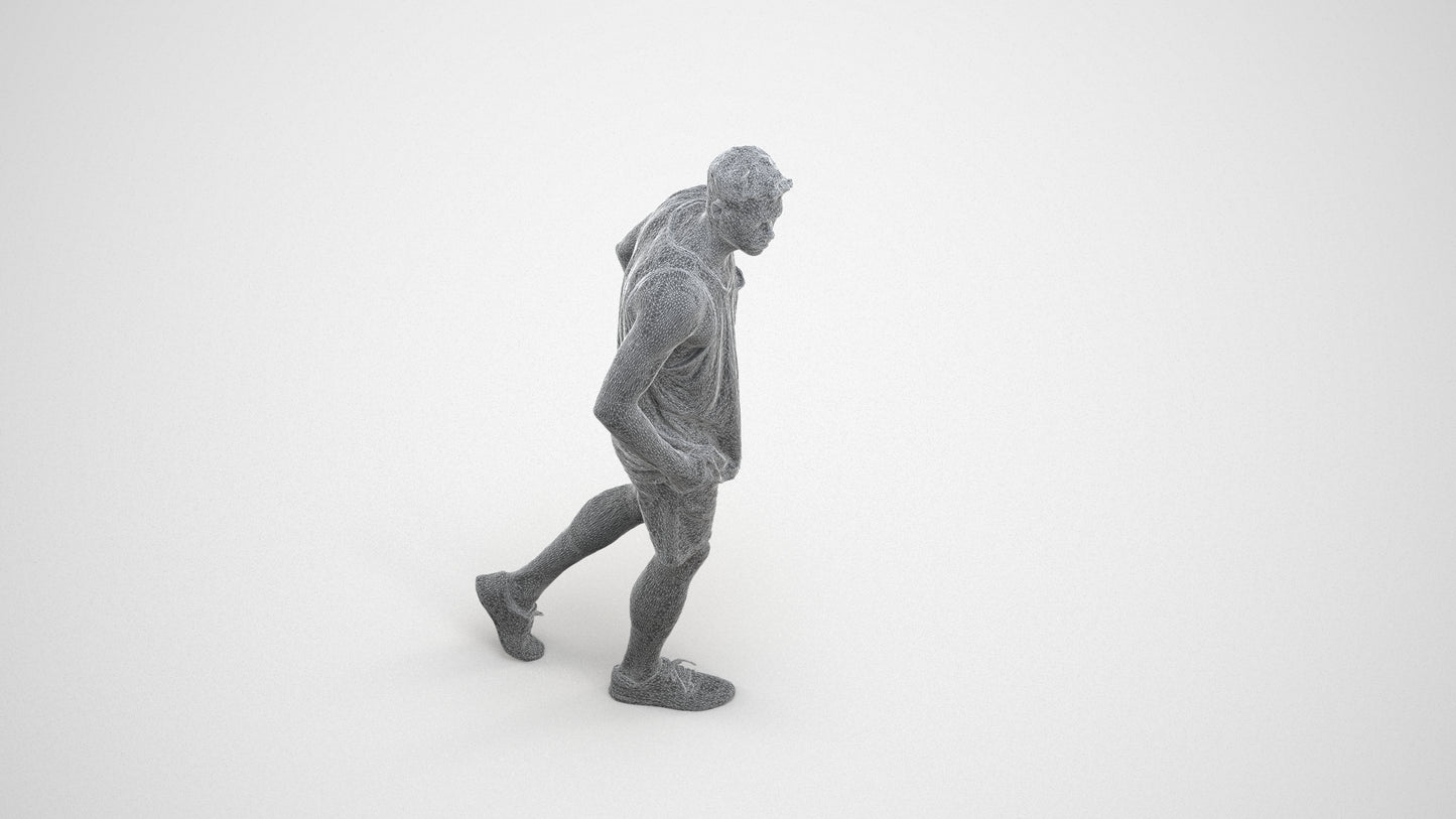 3D human model woman casual walking, photogrammetry scanned person for archviz, wireframe three-quarter view
