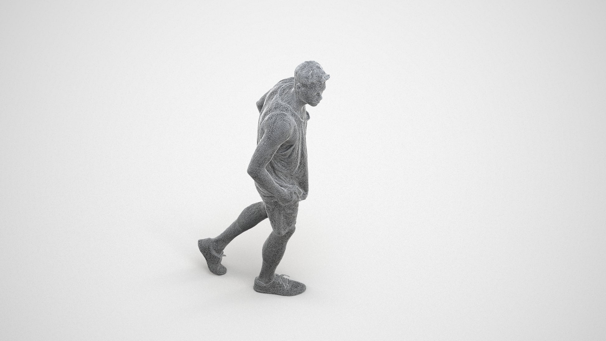 3D human model woman casual walking, photogrammetry scanned person for archviz, wireframe three-quarter view