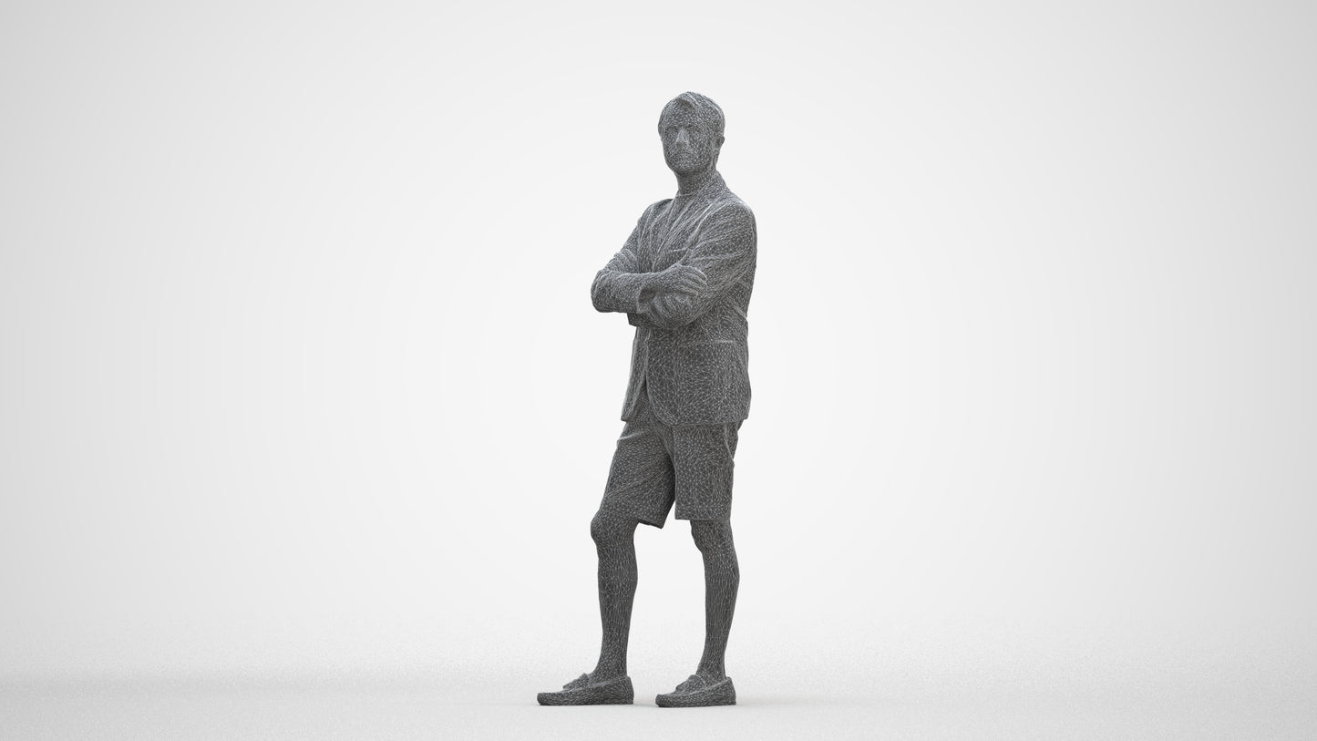 3D human model man business standing, photogrammetry scanned person for archviz, three-quarter front view render