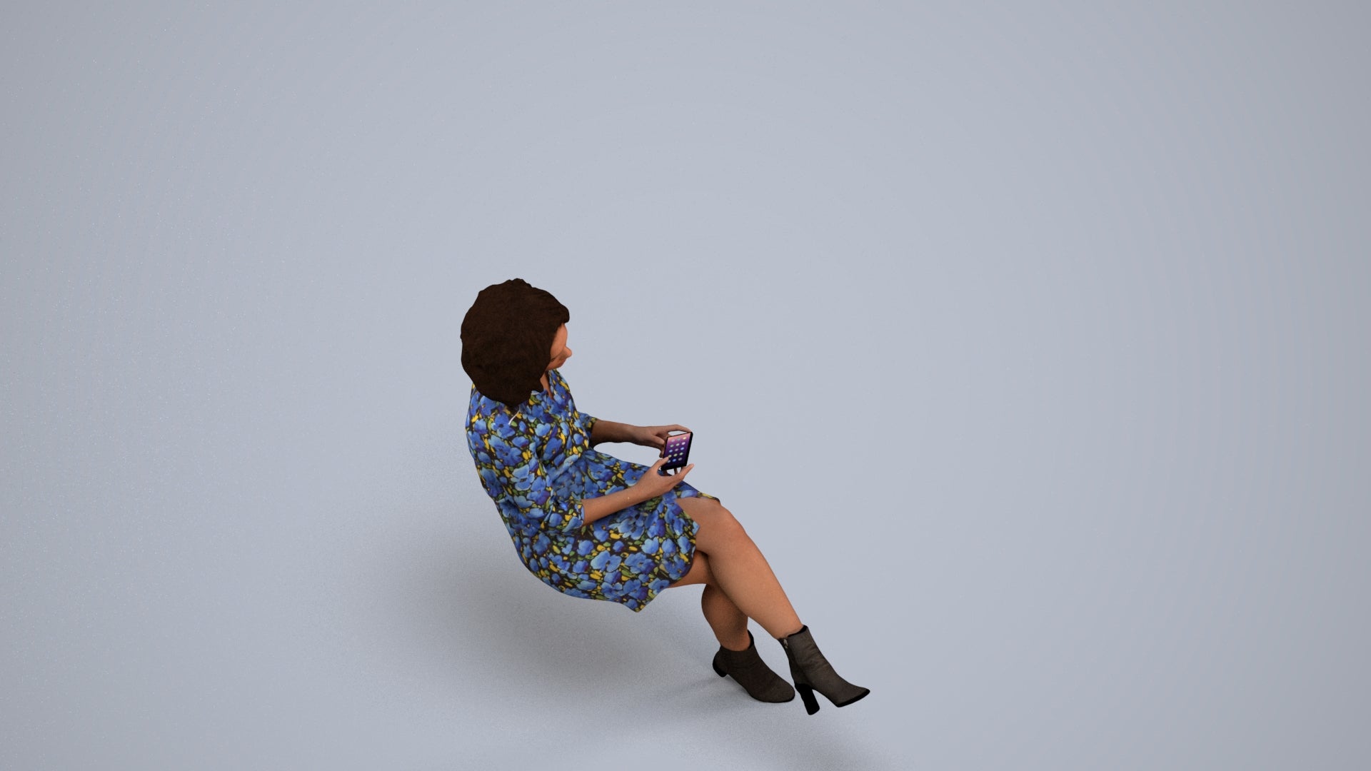 realistic 3D woman casual sitting, scanned archviz people for Blender and 3ds Max, back view render