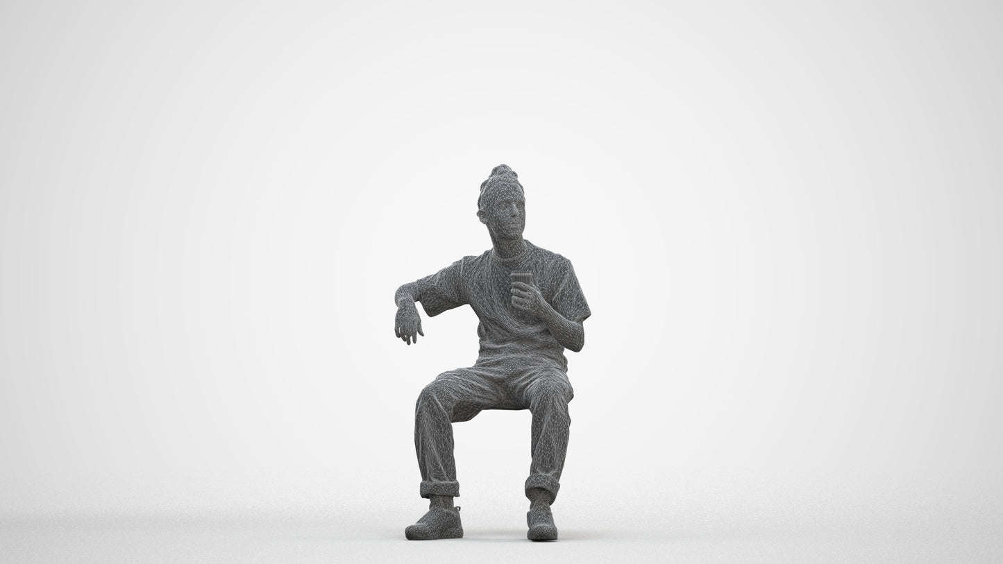 scanned 3D man casual sitting, photogrammetry people for Enscape and V-Ray, three-quarter front view render