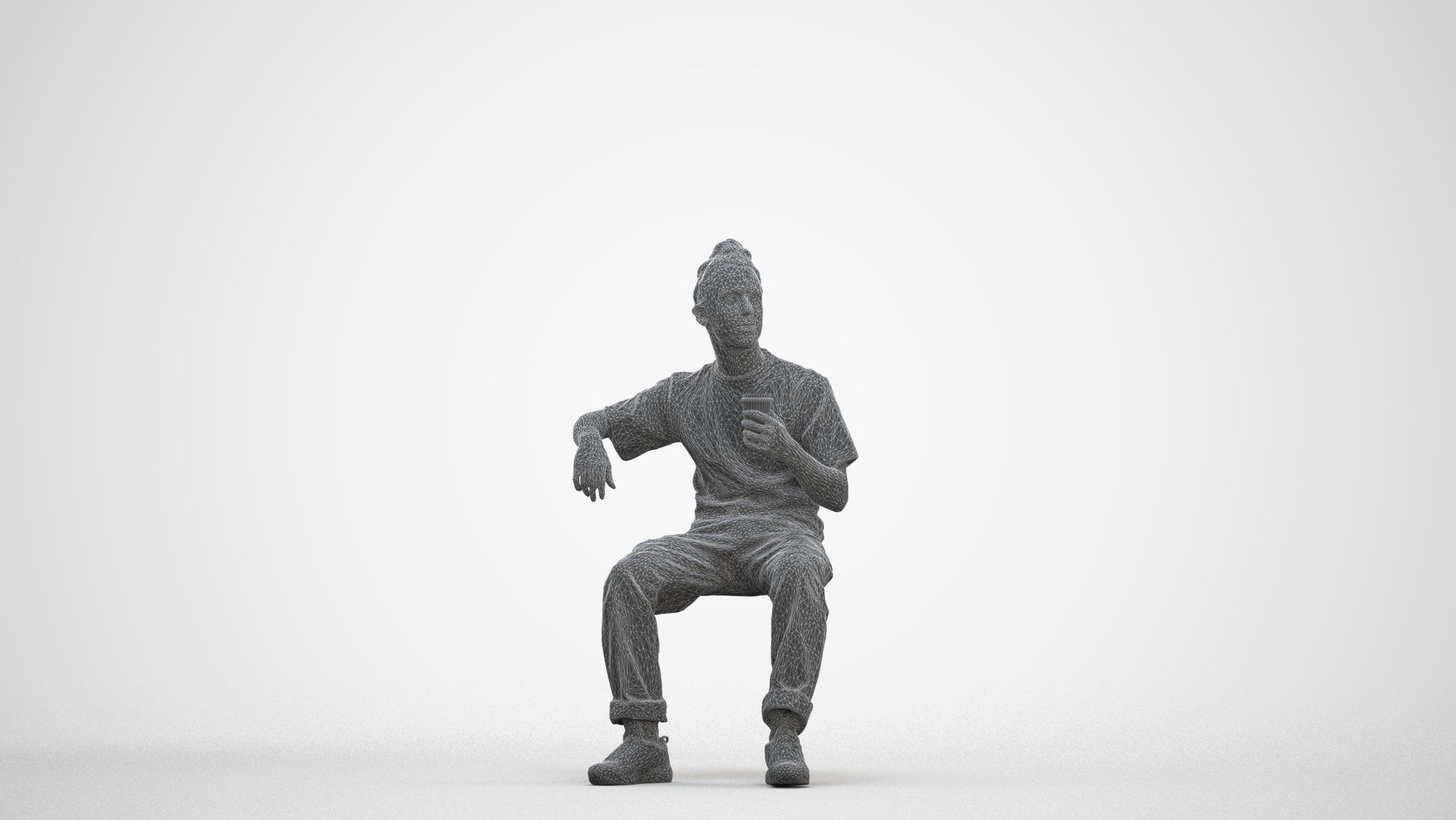 scanned 3D man casual sitting, photogrammetry people for Enscape and V-Ray, three-quarter front view render