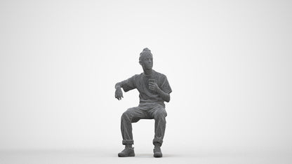 scanned 3D man casual sitting, photogrammetry people for Enscape and V-Ray, three-quarter front view render