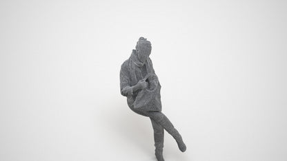realistic 3D human woman casual sitting, archviz people FBX OBJ for Blender, wireframe three-quarter view