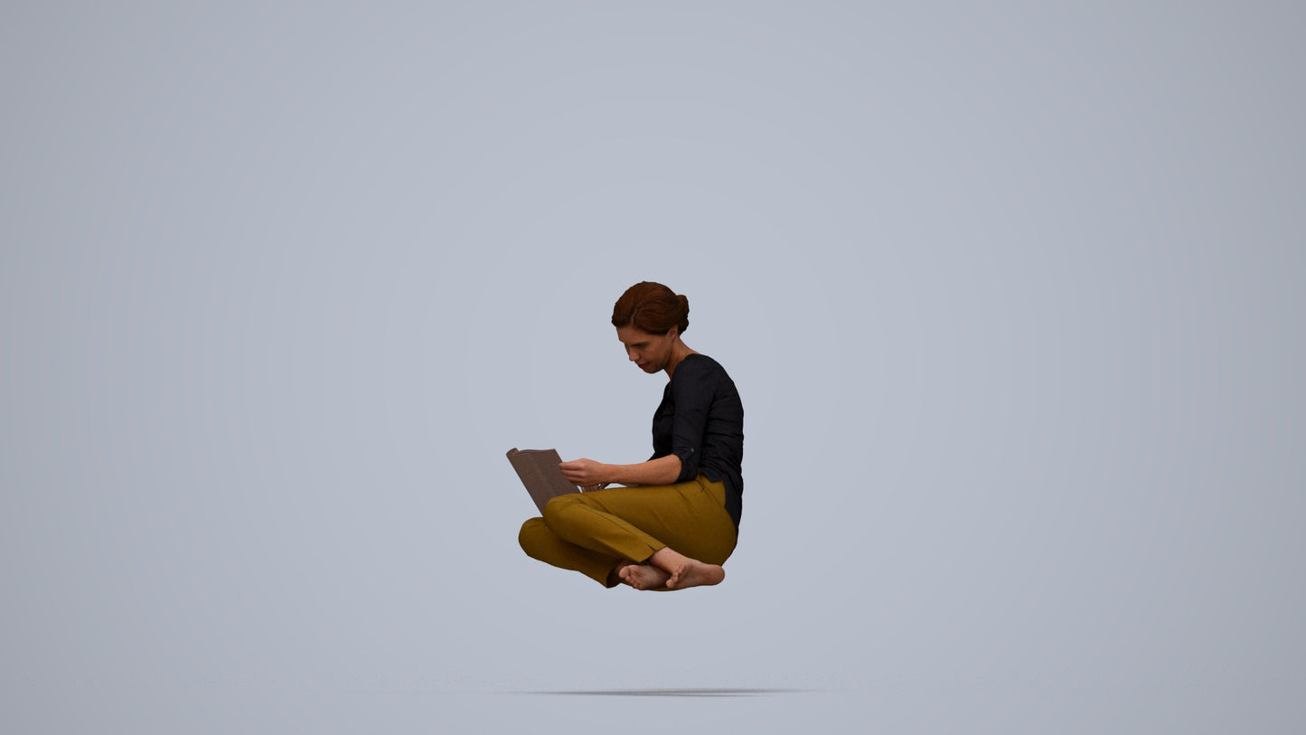realistic 3D woman casual sitting, scanned archviz people for Blender and 3ds Max, top-down view render