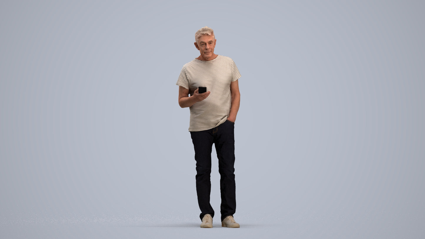 3D people model senior man casual standing, scanned human for 3ds Max rendering, standing pose render