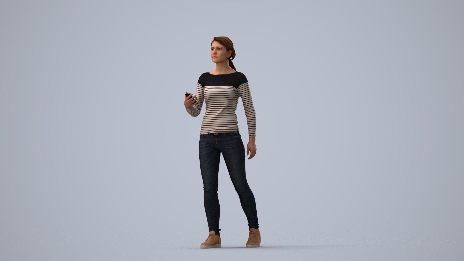 realistic 3D people woman casual walking, render-ready for V-Ray and Corona, FBX OBJ, three-quarter view render