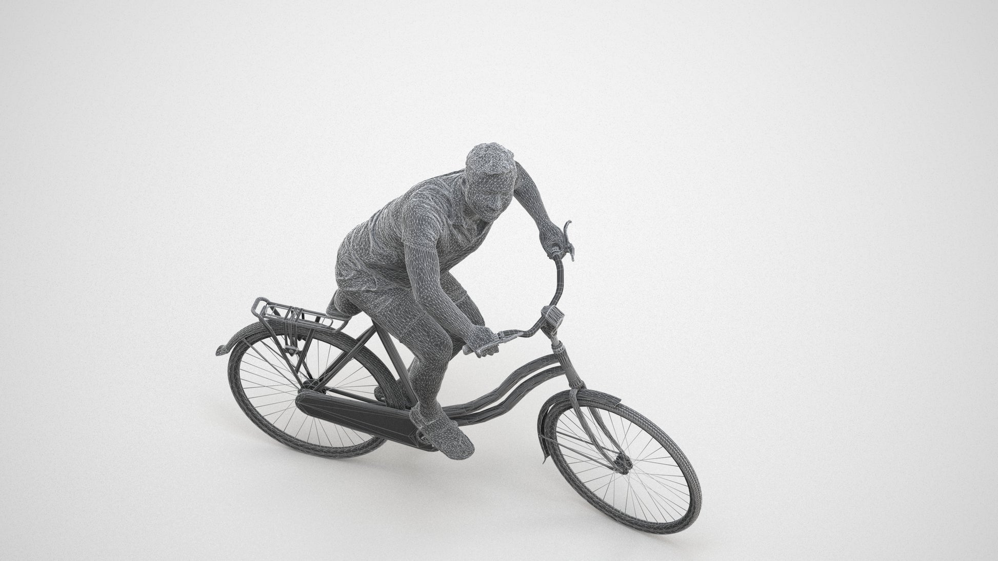 photogrammetry 3D man casual cycling, realistic human model archviz FBX, wireframe three-quarter view