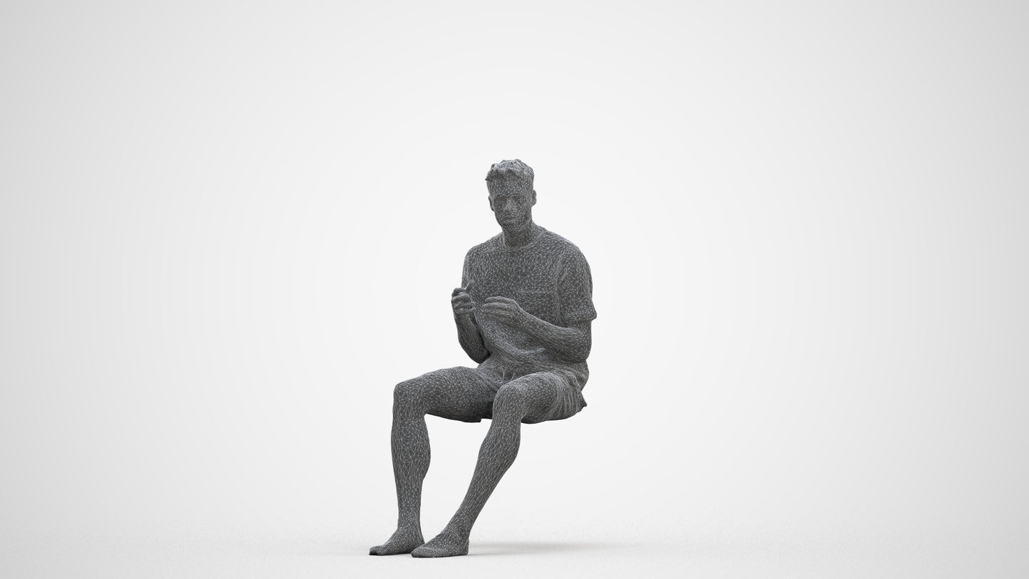 3D scanned man sitting casual, photorealistic archviz people for Enscape and SketchUp, three-quarter front view render