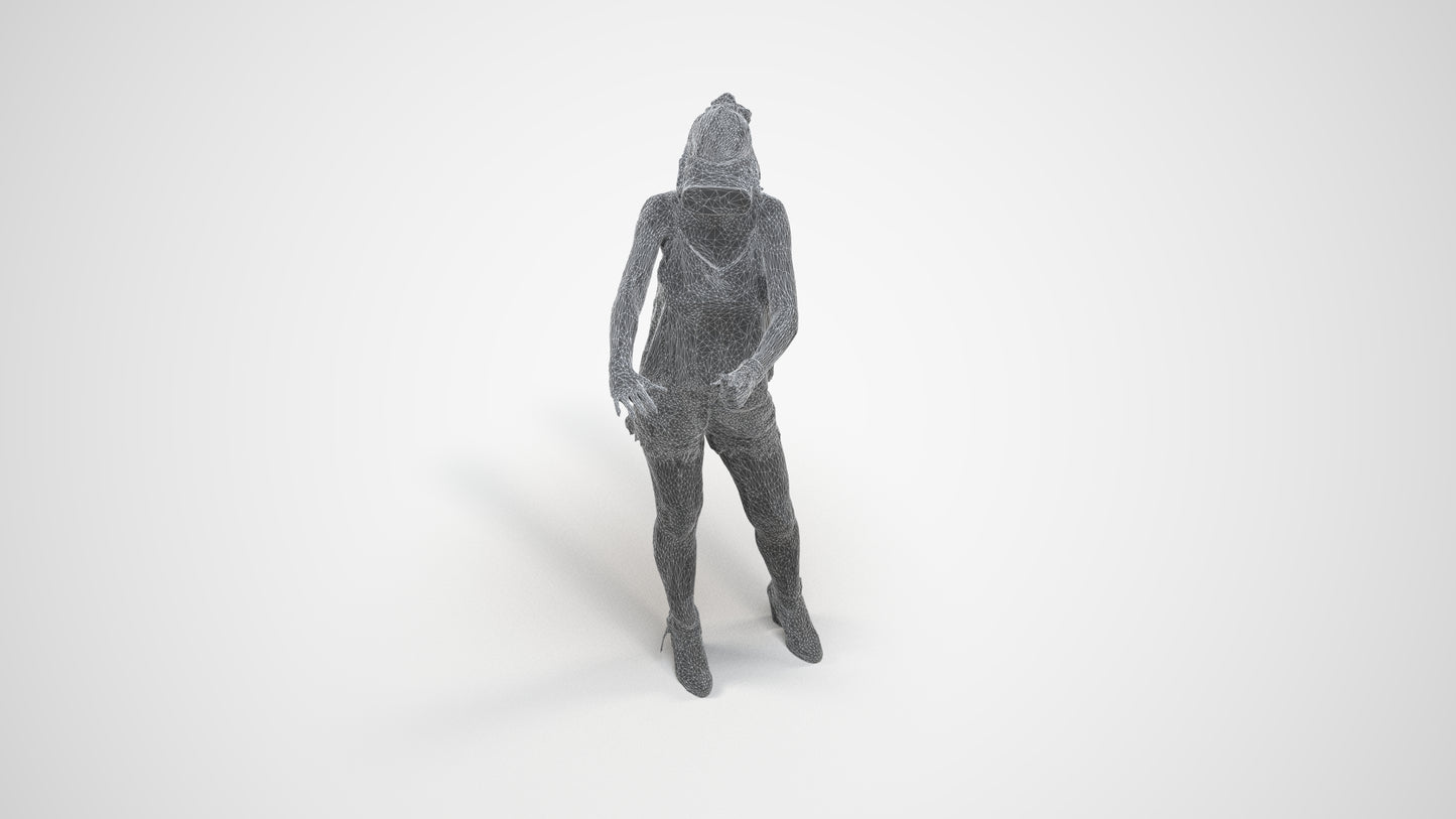 scanned 3D girl casual standing, photogrammetry people for Enscape and V-Ray, wireframe three-quarter view