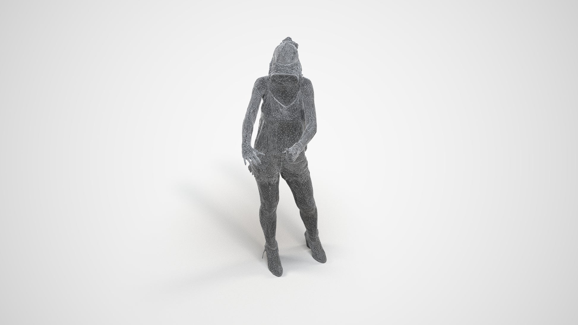 scanned 3D girl casual standing, photogrammetry people for Enscape and V-Ray, wireframe three-quarter view