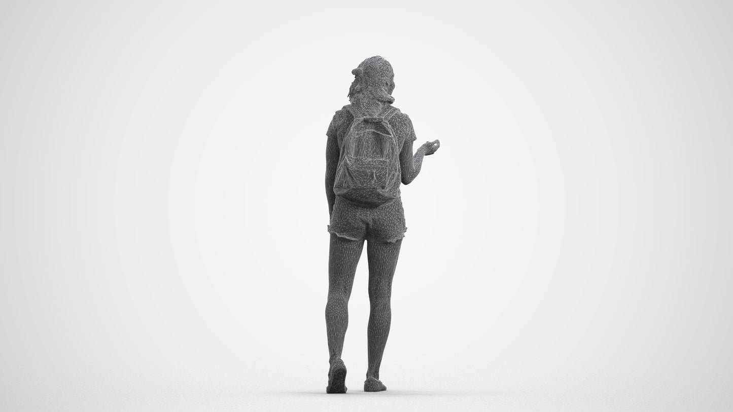 3D scanned girl standing casual, photorealistic archviz people for Enscape and SketchUp, wireframe front view