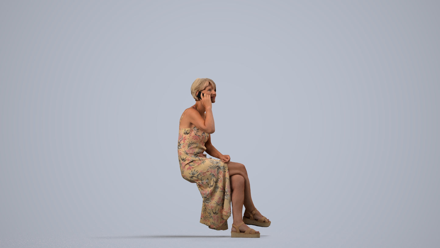 3D scanned senior woman sitting, photorealistic archviz people for Enscape and SketchUp, side view render