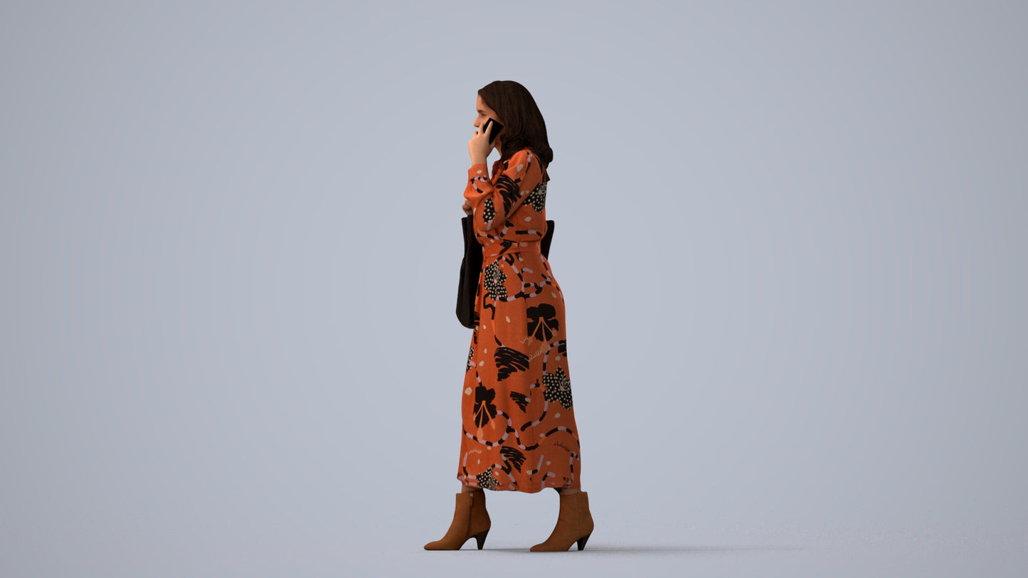 3D human model woman casual walking, photogrammetry scanned person for archviz, three-quarter view render