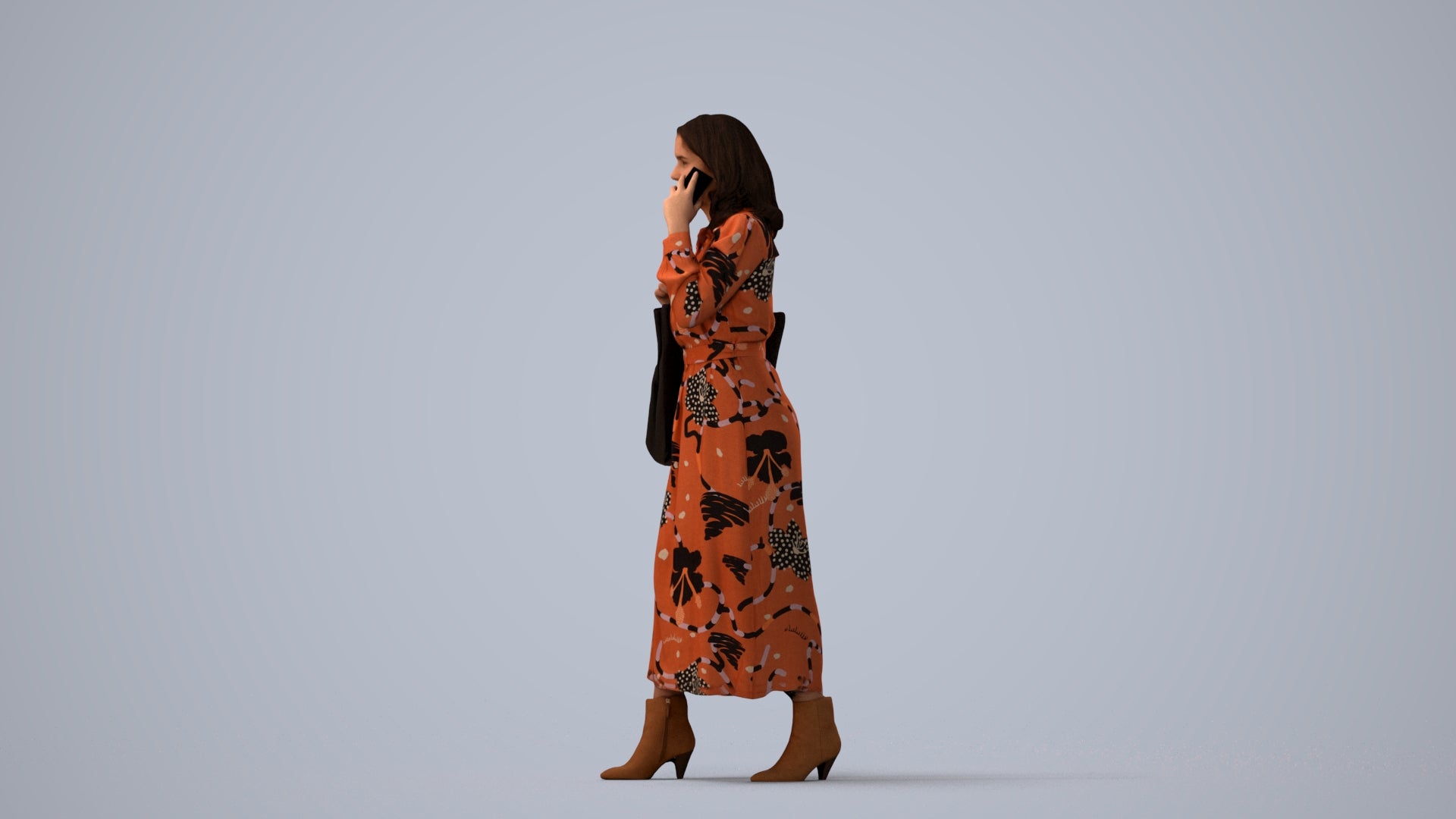 3D human model woman casual walking, photogrammetry scanned person for archviz, three-quarter view render