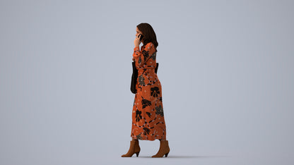 3D human model woman casual walking, photogrammetry scanned person for archviz, three-quarter view render