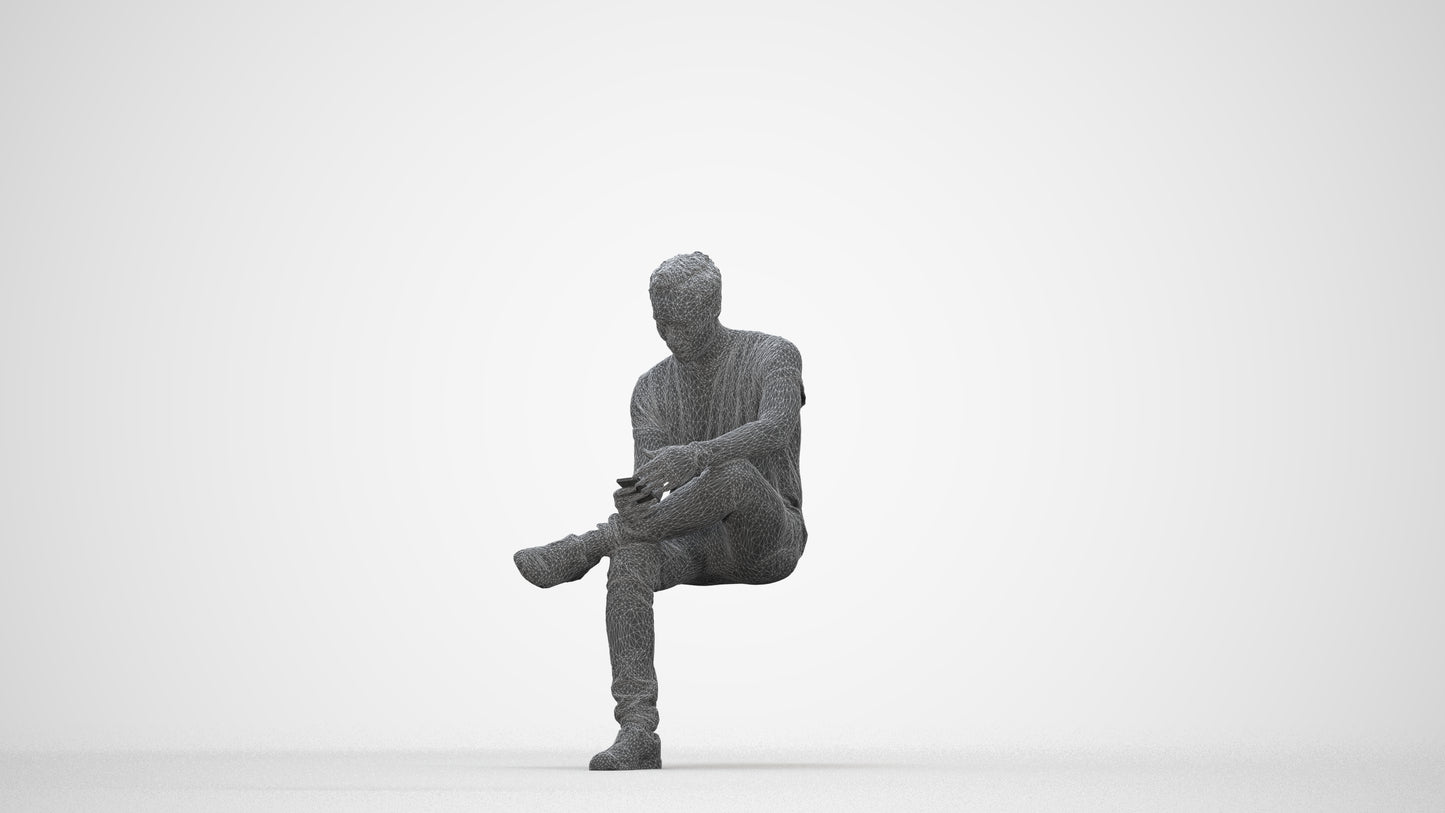 3D scanned man sitting casual, photorealistic archviz people for Enscape and SketchUp, wireframe back view