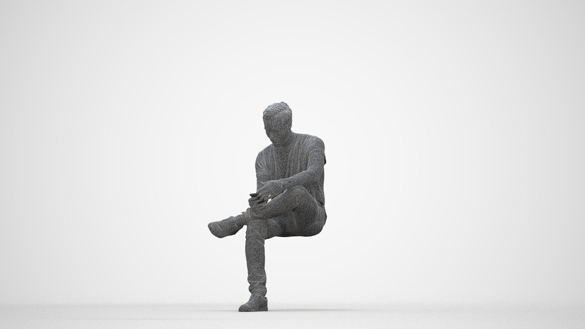 3D scanned man sitting casual, photorealistic archviz people for Enscape and SketchUp, wireframe back view