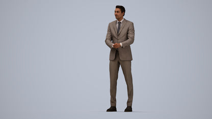 3D human model man business, photogrammetry scanned person for archviz, top-down view render