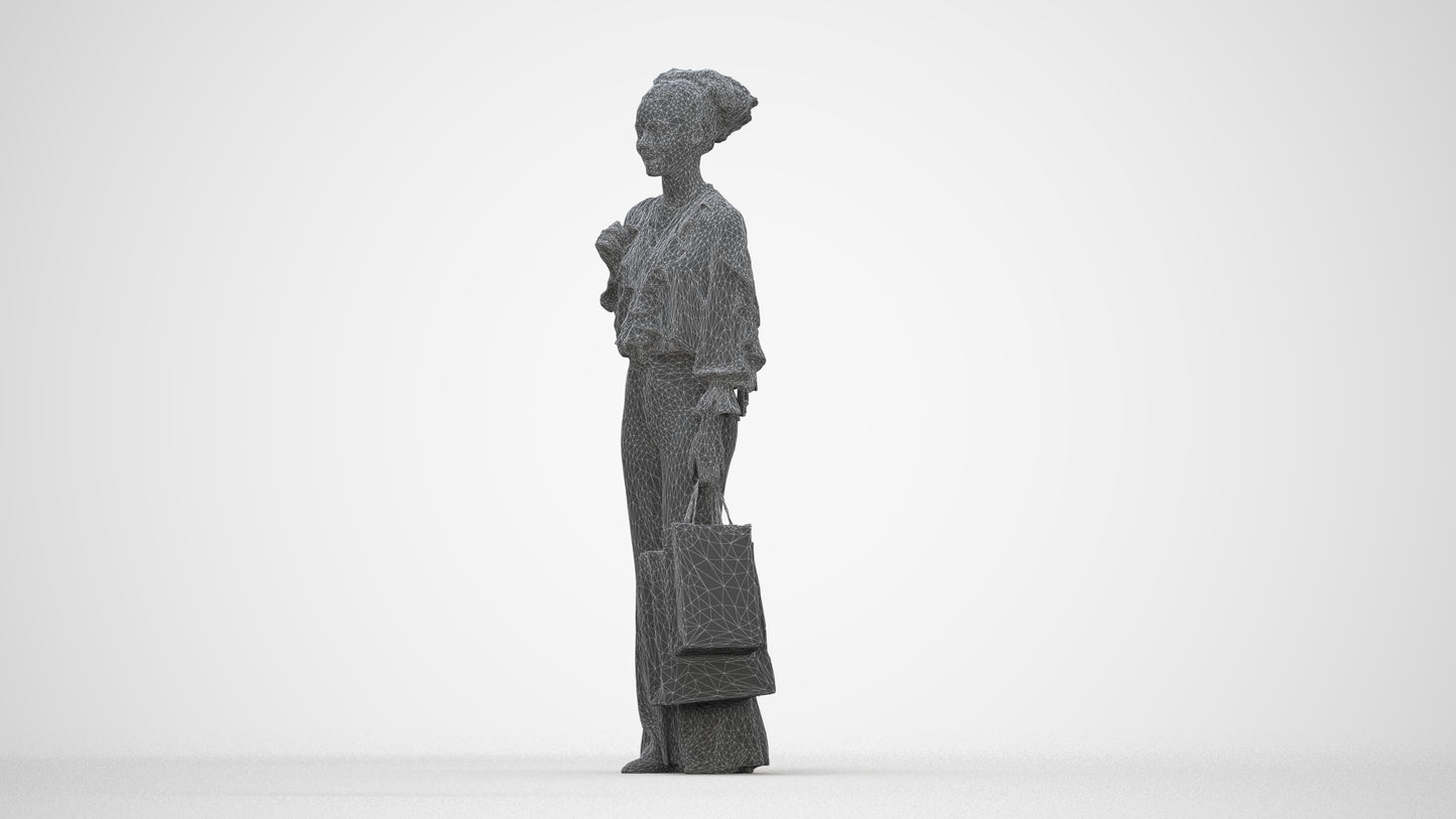 realistic 3D human woman casual shopping, archviz people FBX OBJ for Blender, wireframe back view