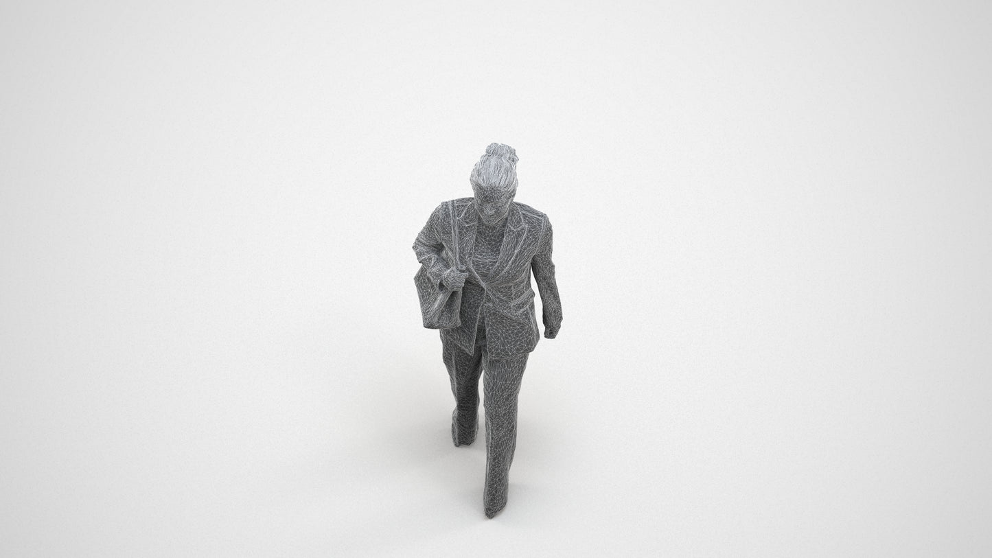 realistic 3D human woman business standing, archviz people FBX OBJ for Blender, wireframe three-quarter view
