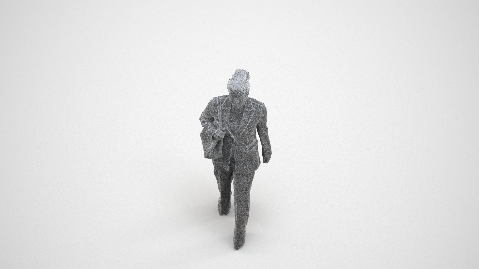 realistic 3D human woman business standing, archviz people FBX OBJ for Blender, wireframe three-quarter view