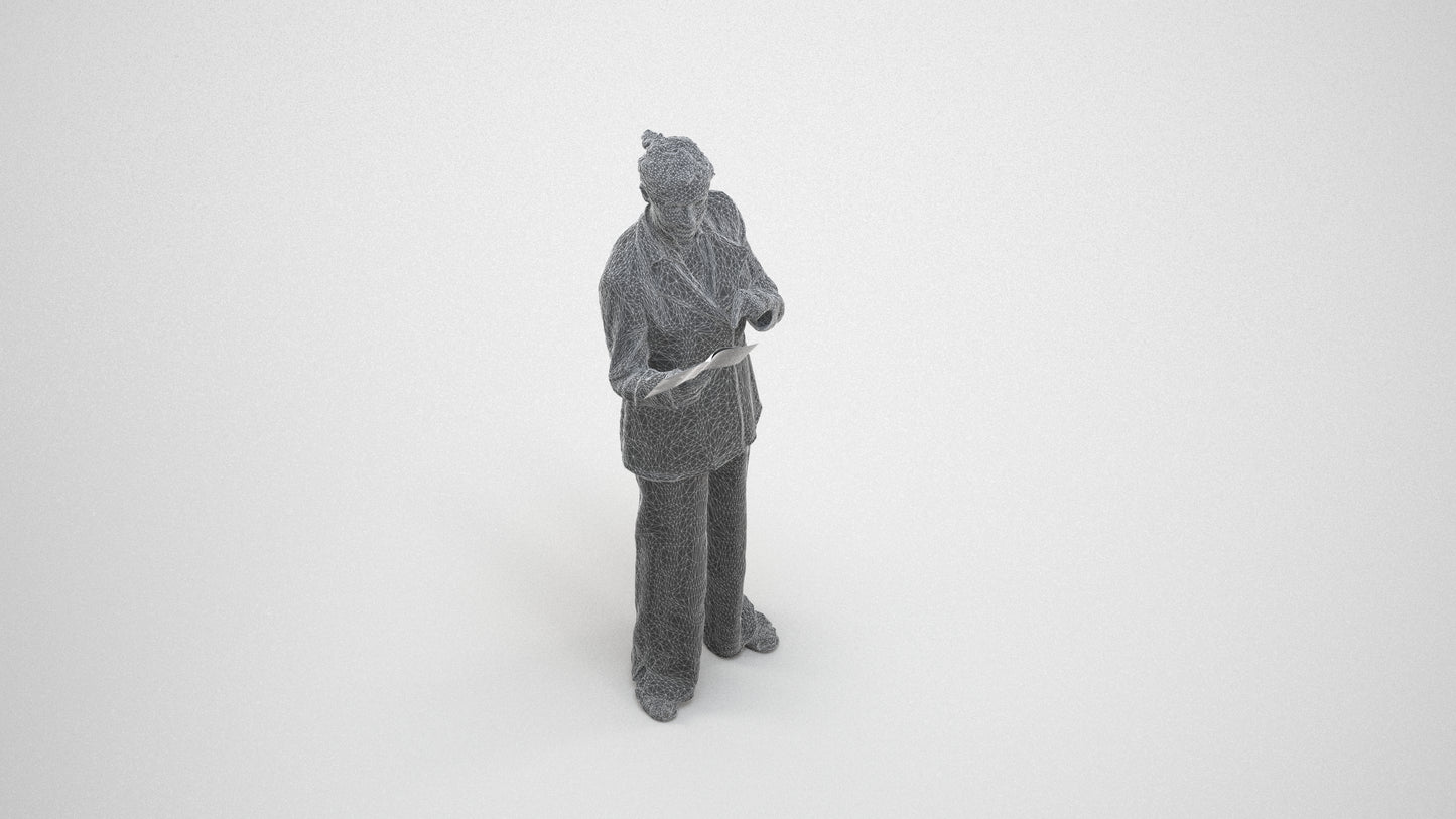 3D scanned senior woman business, photorealistic archviz people for Enscape and SketchUp, wireframe three-quarter view