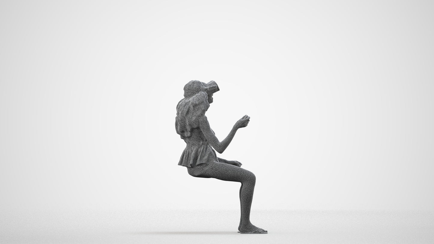 photogrammetry 3D woman casual sitting, realistic human model archviz FBX, wireframe side view