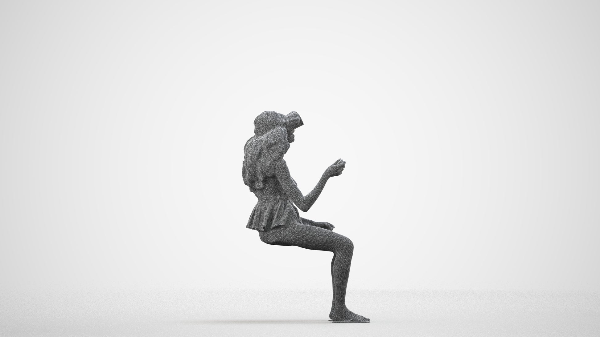 photogrammetry 3D woman casual sitting, realistic human model archviz FBX, wireframe side view