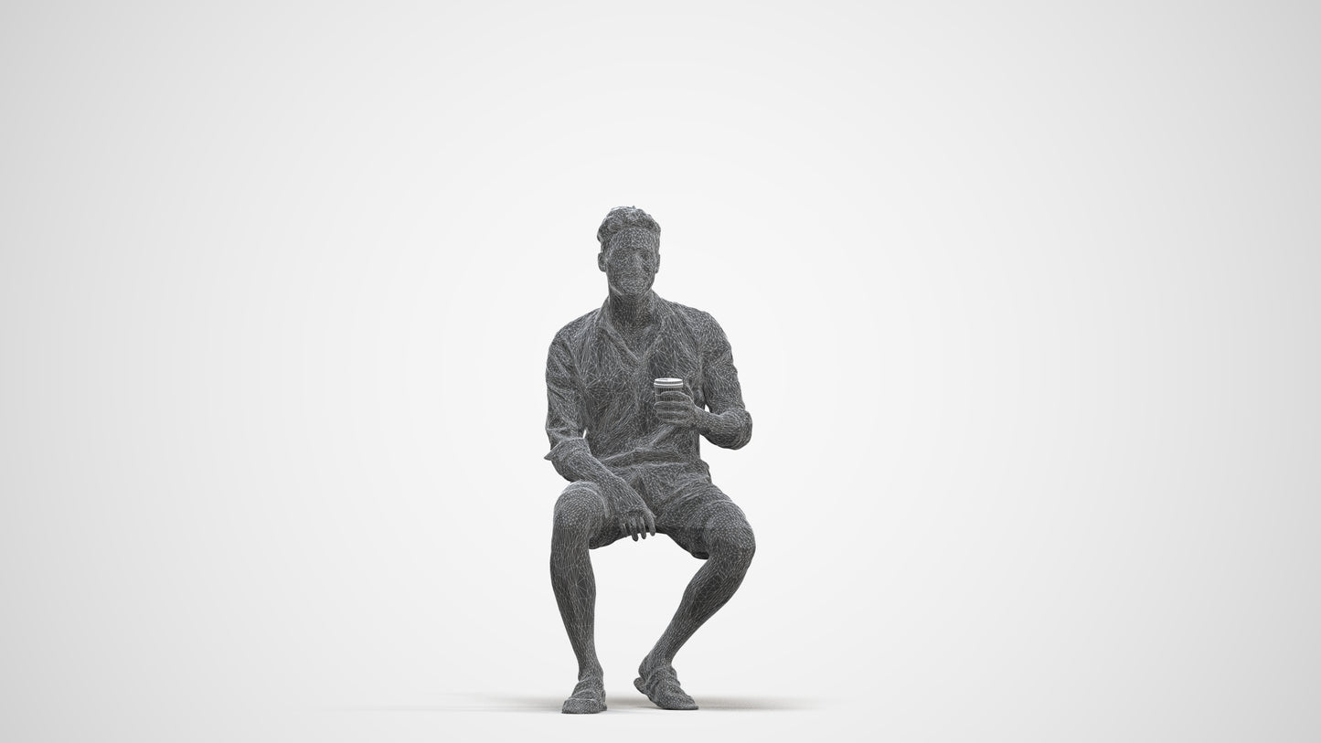 photogrammetry 3D man casual sitting, realistic human model archviz FBX, three-quarter front view render