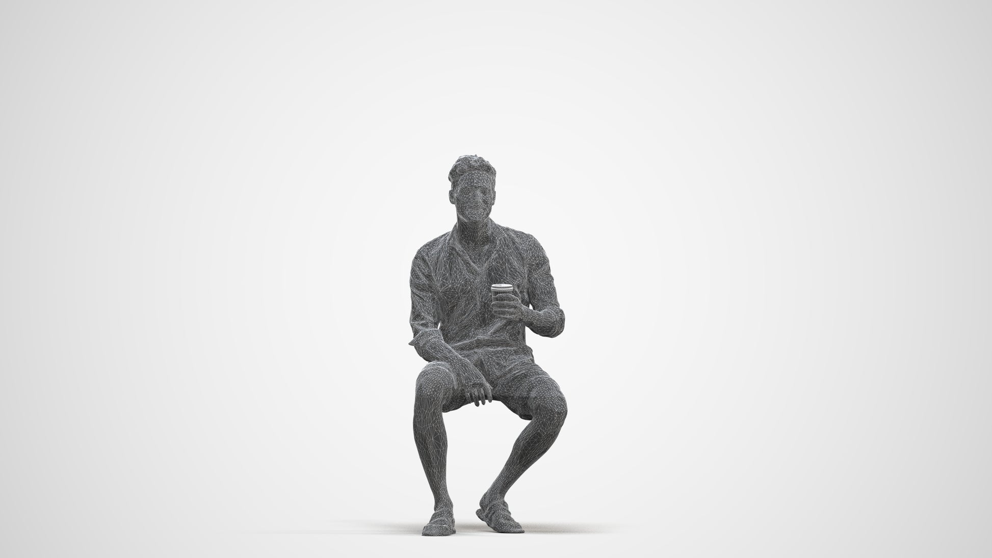 photogrammetry 3D man casual sitting, realistic human model archviz FBX, three-quarter front view render
