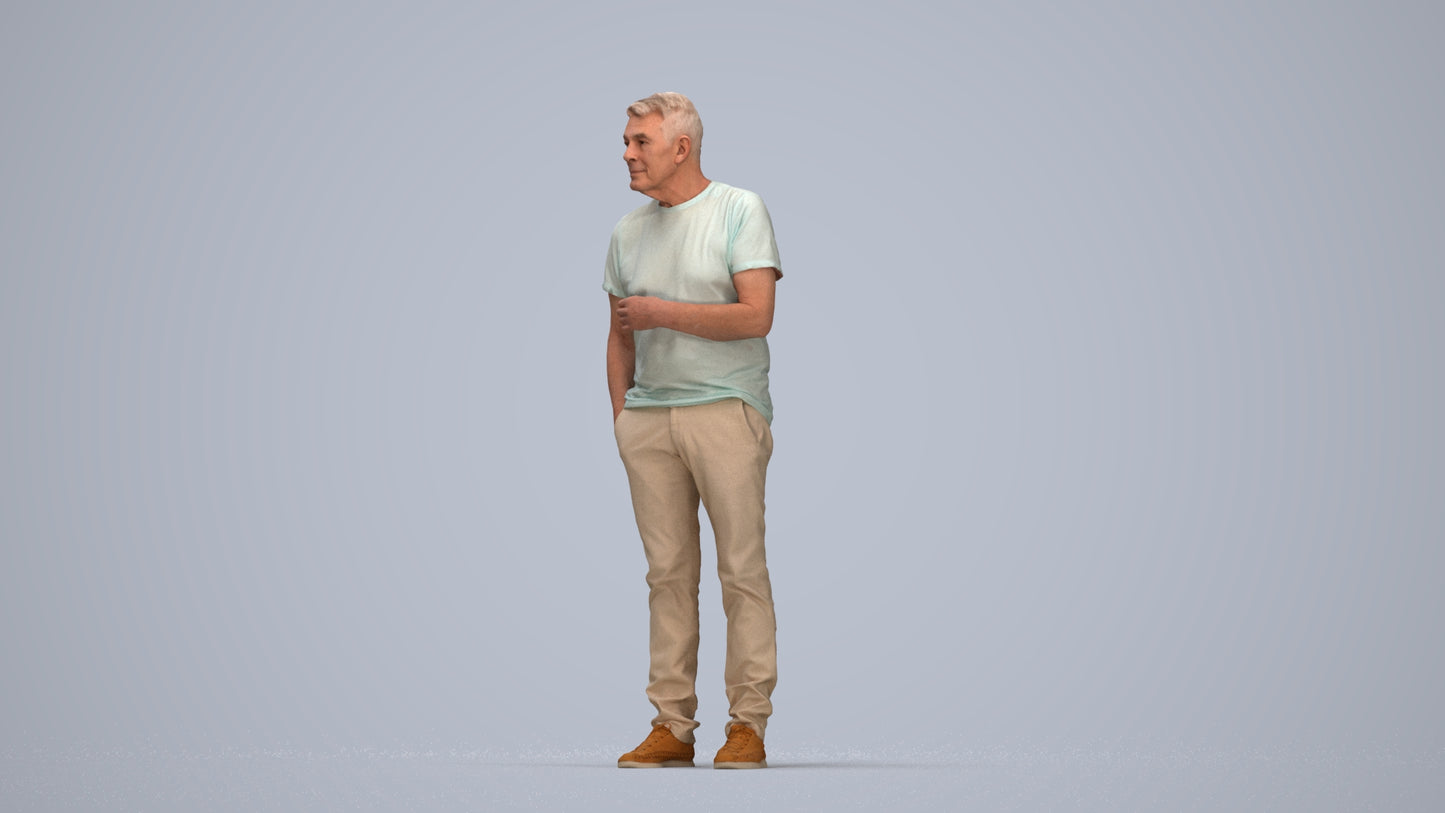 3D human model senior man casual standing, photogrammetry scanned person for archviz, top-down view render