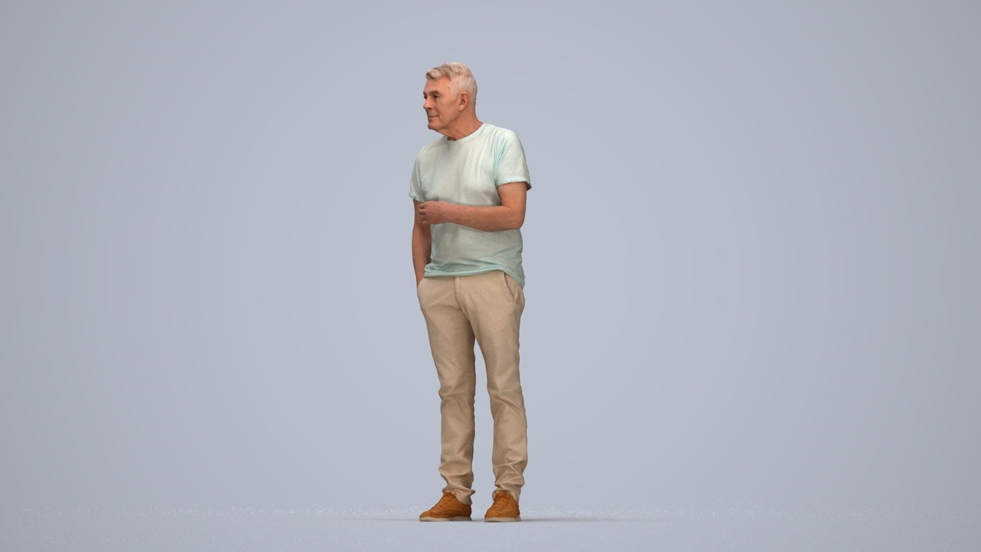 3D human model senior man casual standing, photogrammetry scanned person for archviz, top-down view render