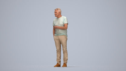 3D human model senior man casual standing, photogrammetry scanned person for archviz, top-down view render