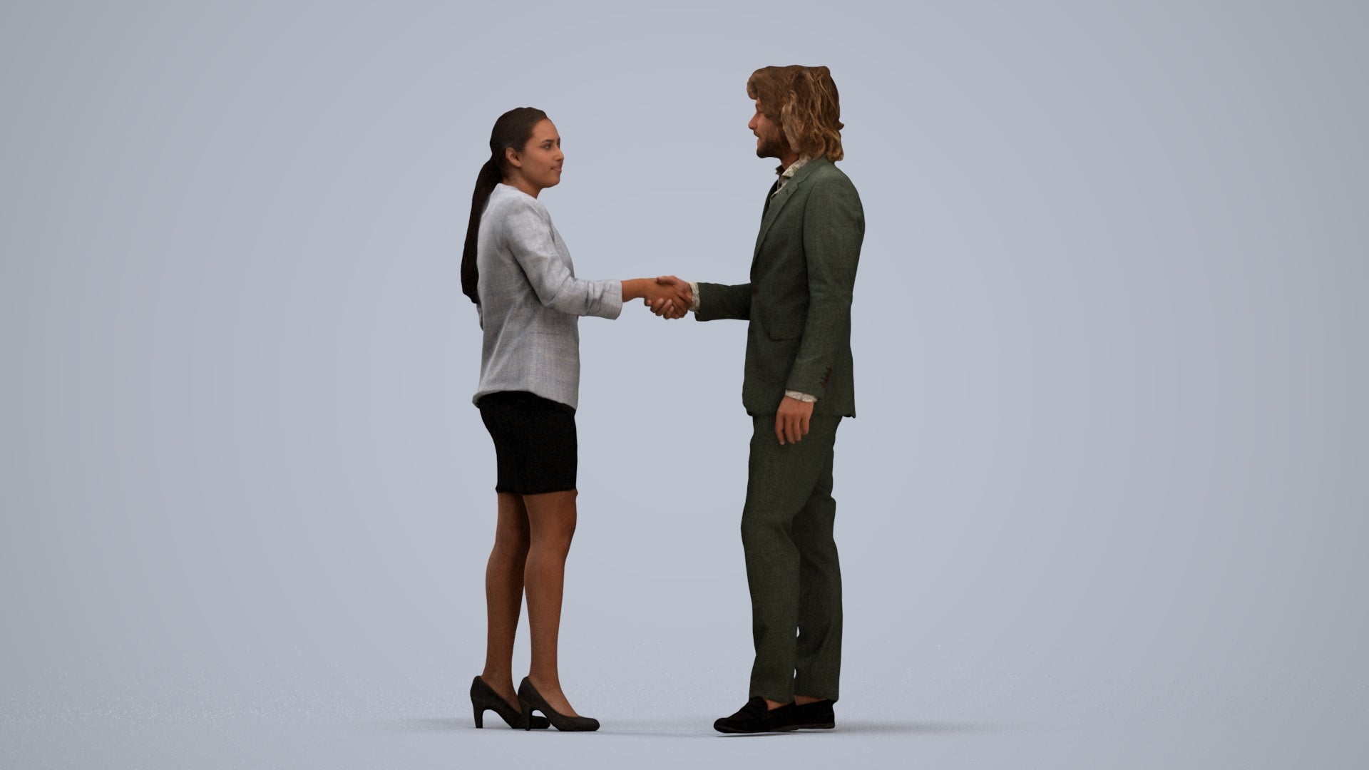 3D human model woman business, photogrammetry scanned person for archviz, standing pose render